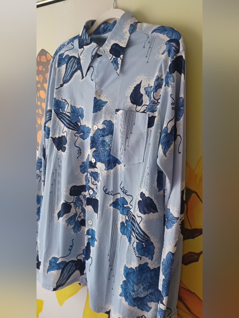 Vintage Light Blue Floral Long-Sleeve Shirt With Vest